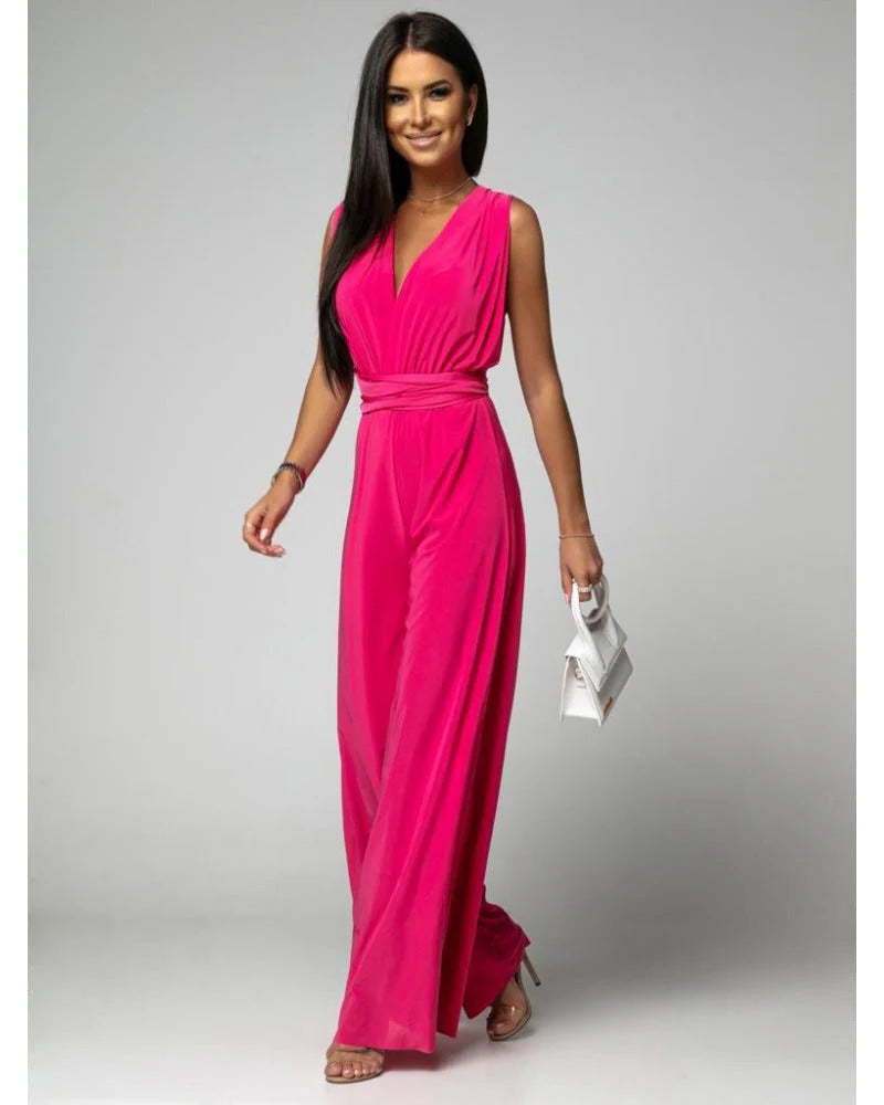Women's Wide Leg Jumpsuit Deep V-Neck Wrap Tie Blush