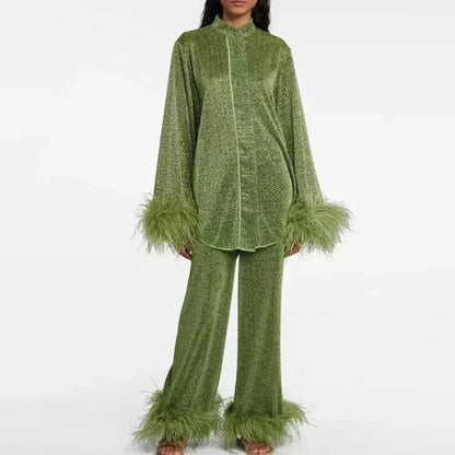 Women's Feather Trim Matching Sleep Set