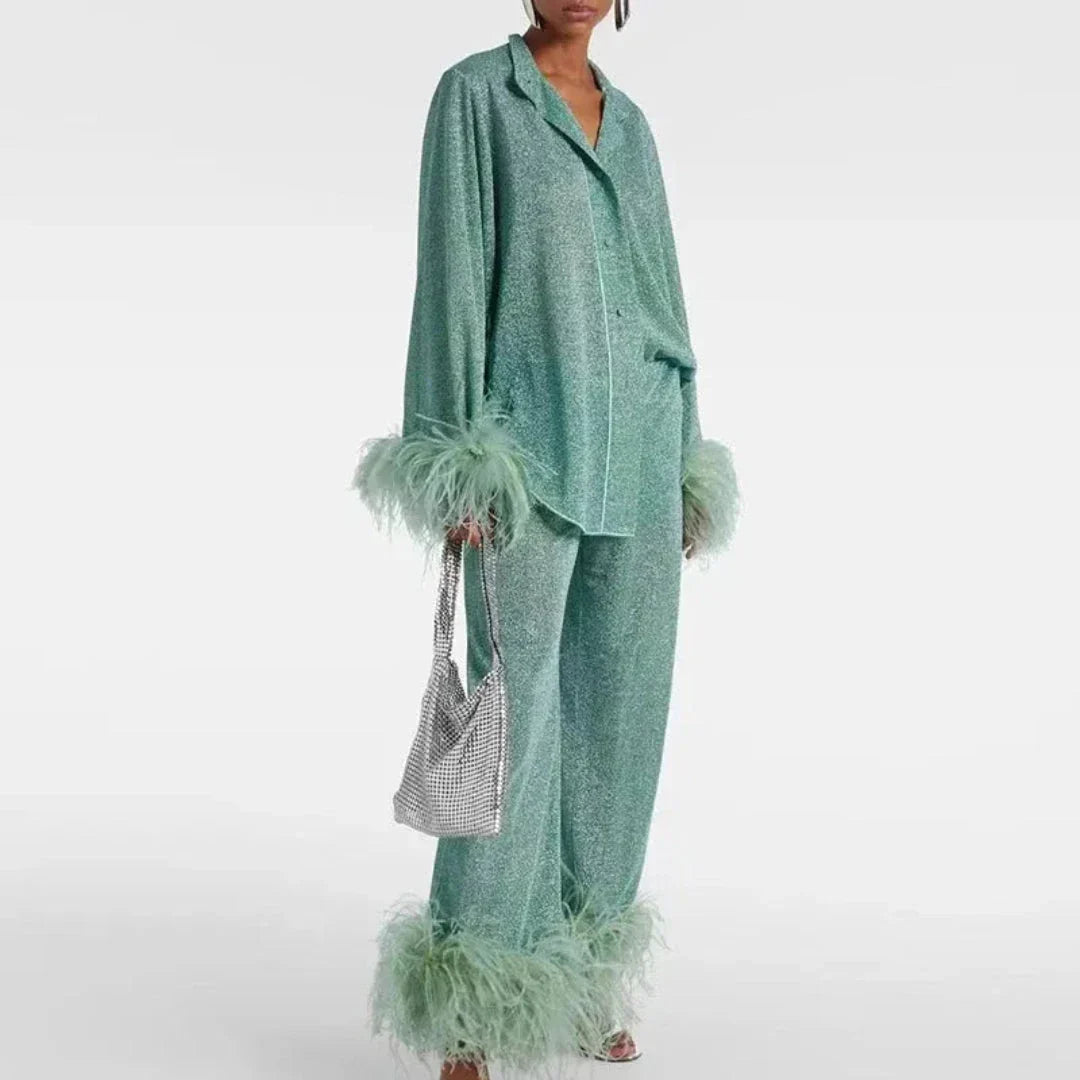 Women's Feather Trim Matching Sleep Set