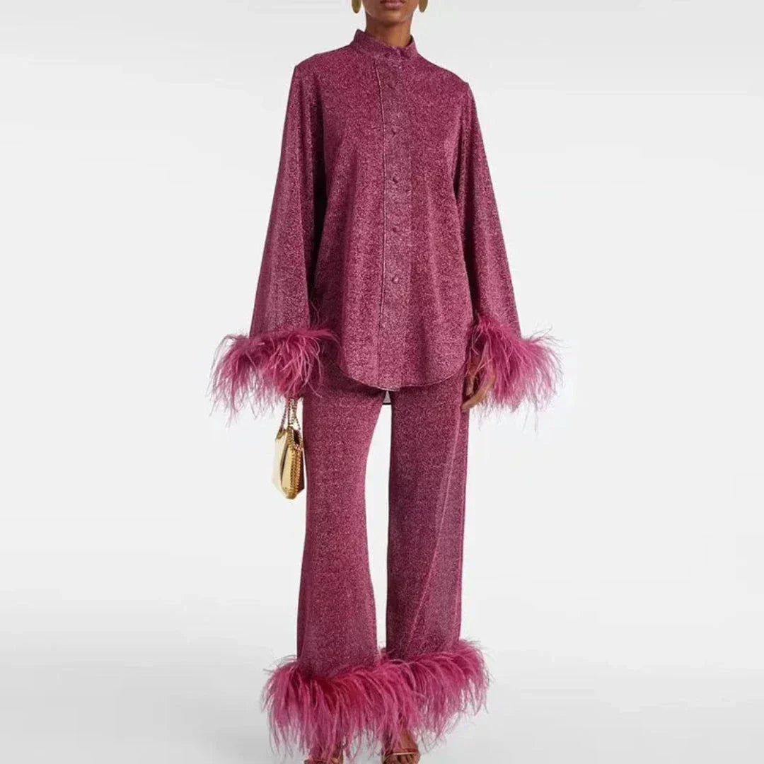 Women's Feather Trim Matching Sleep Set - Vonnera