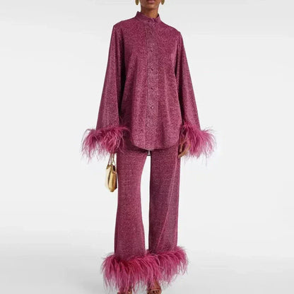Women's Feather Trim Matching Sleep Set - Vonnera