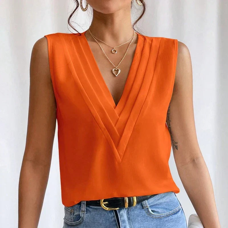 Women's V Neck Pleated Blouse
