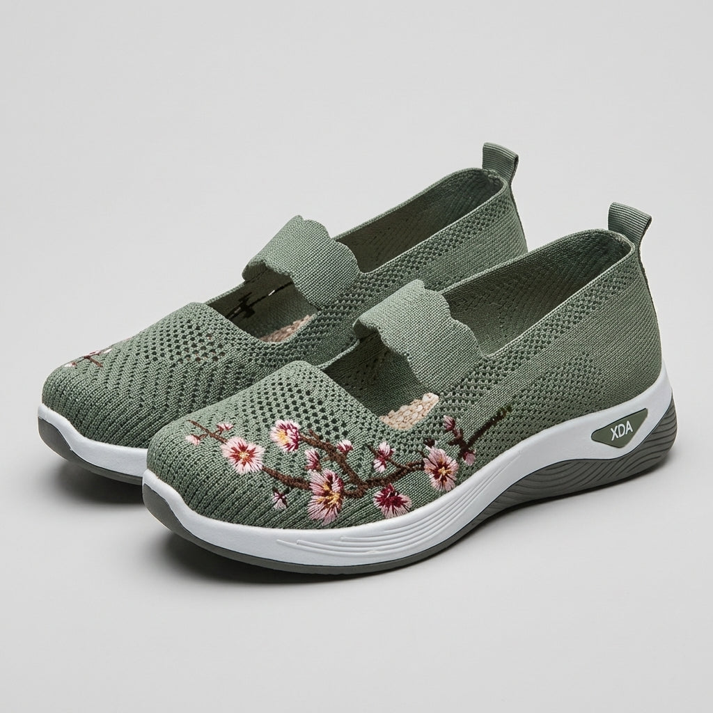 Women's Mesh Mary Jane Flats Floral Embroidery