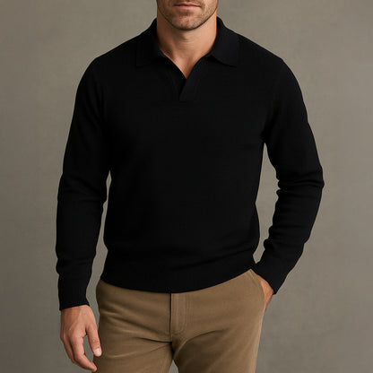 Men's Knitted Long Sleeve Polo Sweater Open Collar