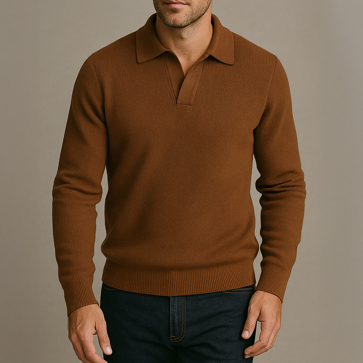 Men's Knitted Long Sleeve Polo Sweater Open Collar