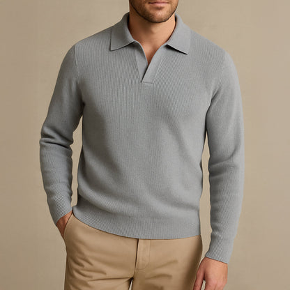 Men's Knitted Long Sleeve Polo Sweater Open Collar