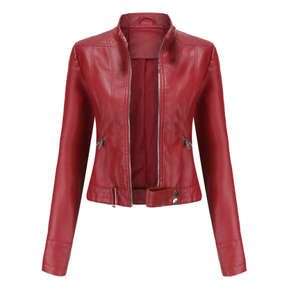 Women's Leather Jacket Zip Closure High Collar Adjustable Belt
