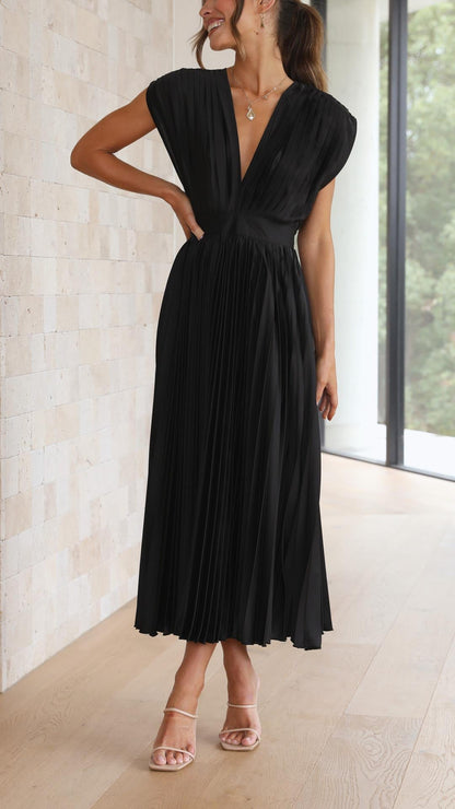 Women's V-Neck Pleated Maxi Dress