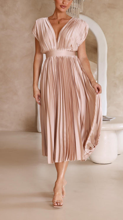 Women's V-Neck Pleated Maxi Dress