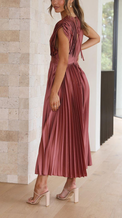 Women's V-Neck Pleated Maxi Dress