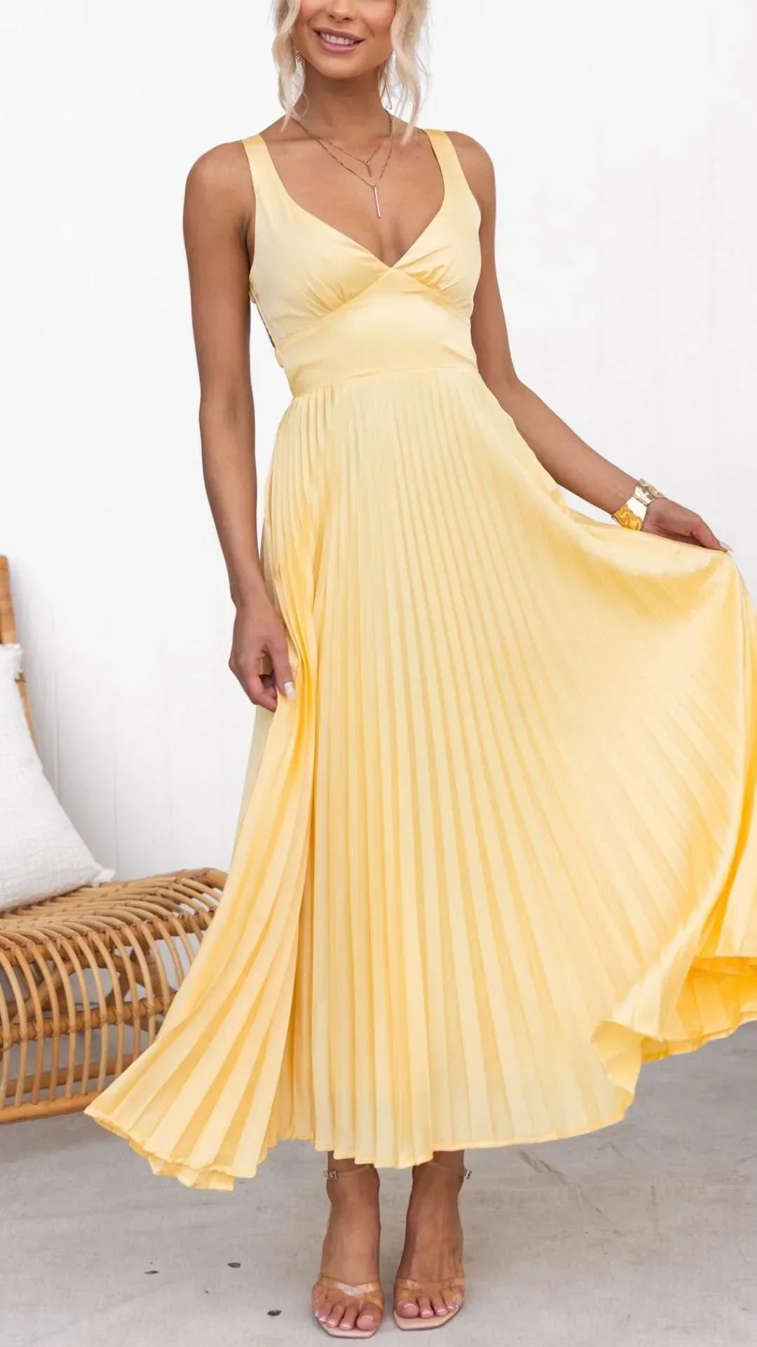 Women's Yellow Pleated Maxi Dress V-Neck - Vonnera