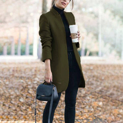 Women's Long Wool Trench Coat Stand Collar Sleek Fit Warm Beige