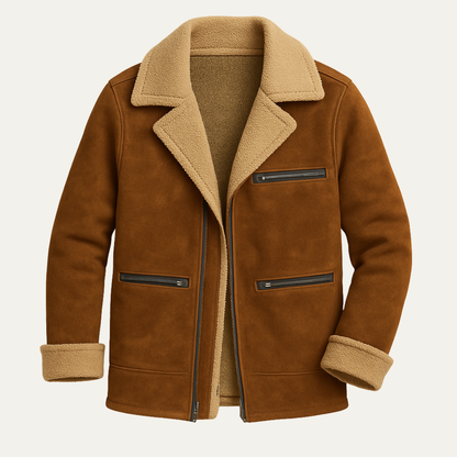 Men's Suede Shearling Jacket Zipper Pockets - Vonnera
