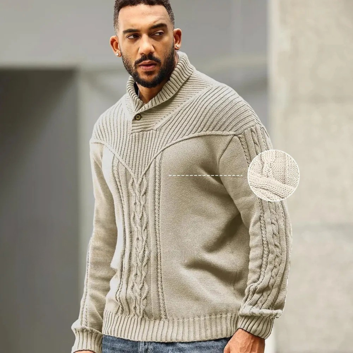 Men's Ribbed Knit Sweater Button Neck Winter Wool