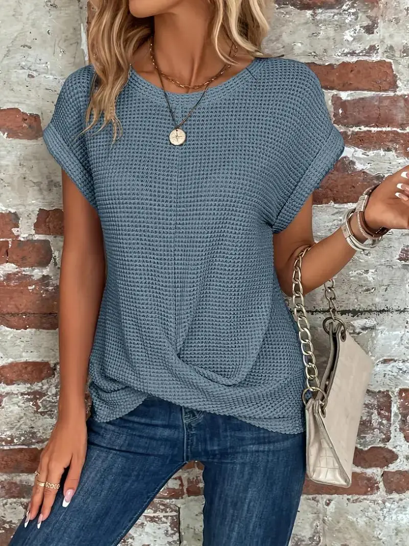 Twist-Hem Waffle Tee for Women – Effortless Style & Comfort-Caliboot