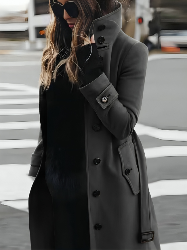 Women's Long Coat High Collar Elegant Belt - Vonnera