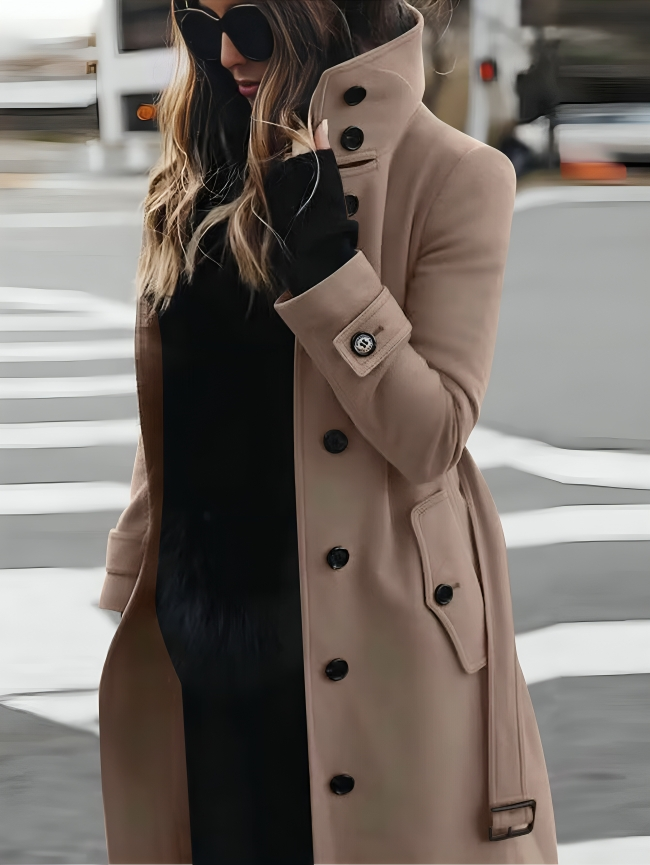 Women's Long Coat High Collar Elegant Belt