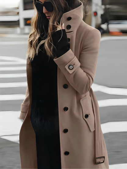 Women's Long Coat High Collar Elegant Belt