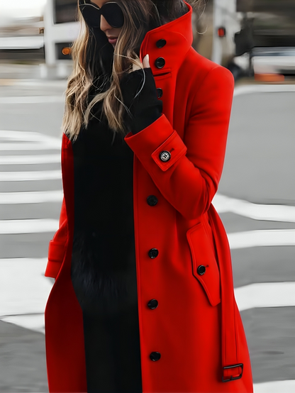 Women's Long Coat High Collar Elegant Belt