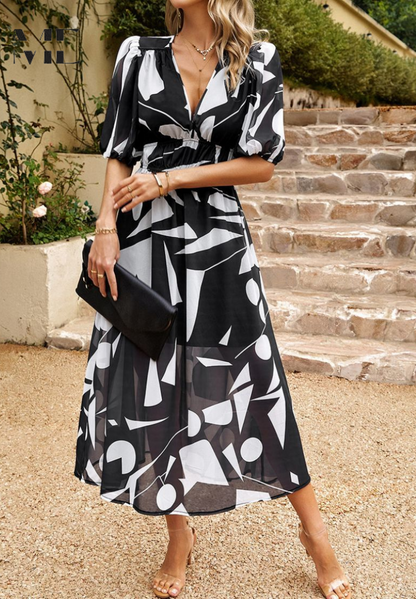Women's Floral V-Neck Dress Short Sleeves