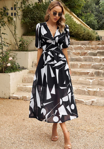 Women's Floral V-Neck Dress Short Sleeves