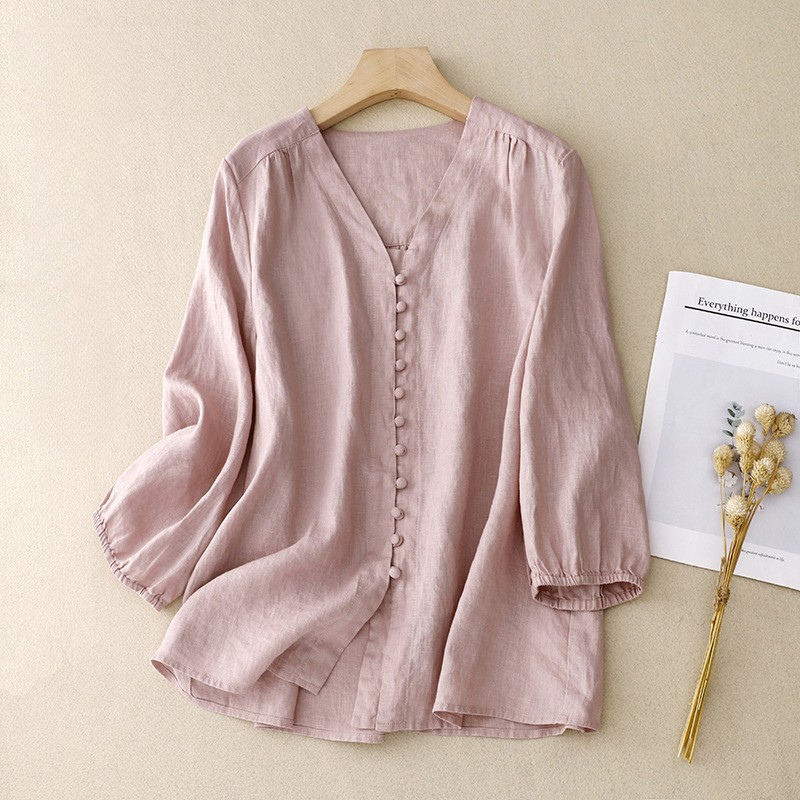 Women's Relaxed V-Neck Blouse Linen Texture Beige - Vonnera
