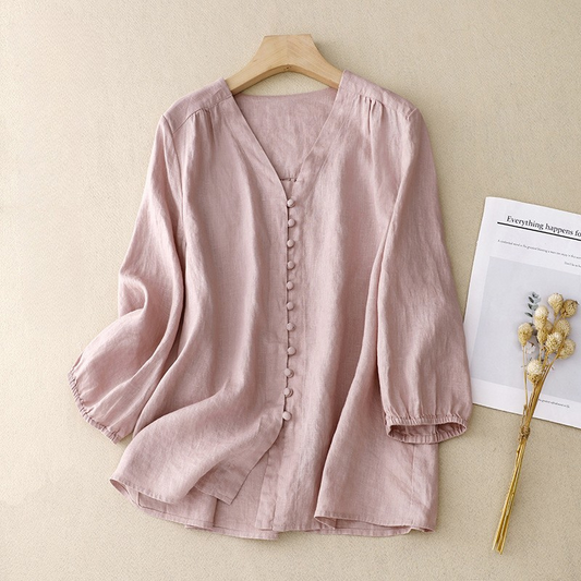 Women's Relaxed V-Neck Blouse Linen Texture Beige - Vonnera