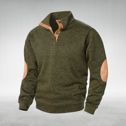 Men's Button Neck Sweatshirt Elbow Patch