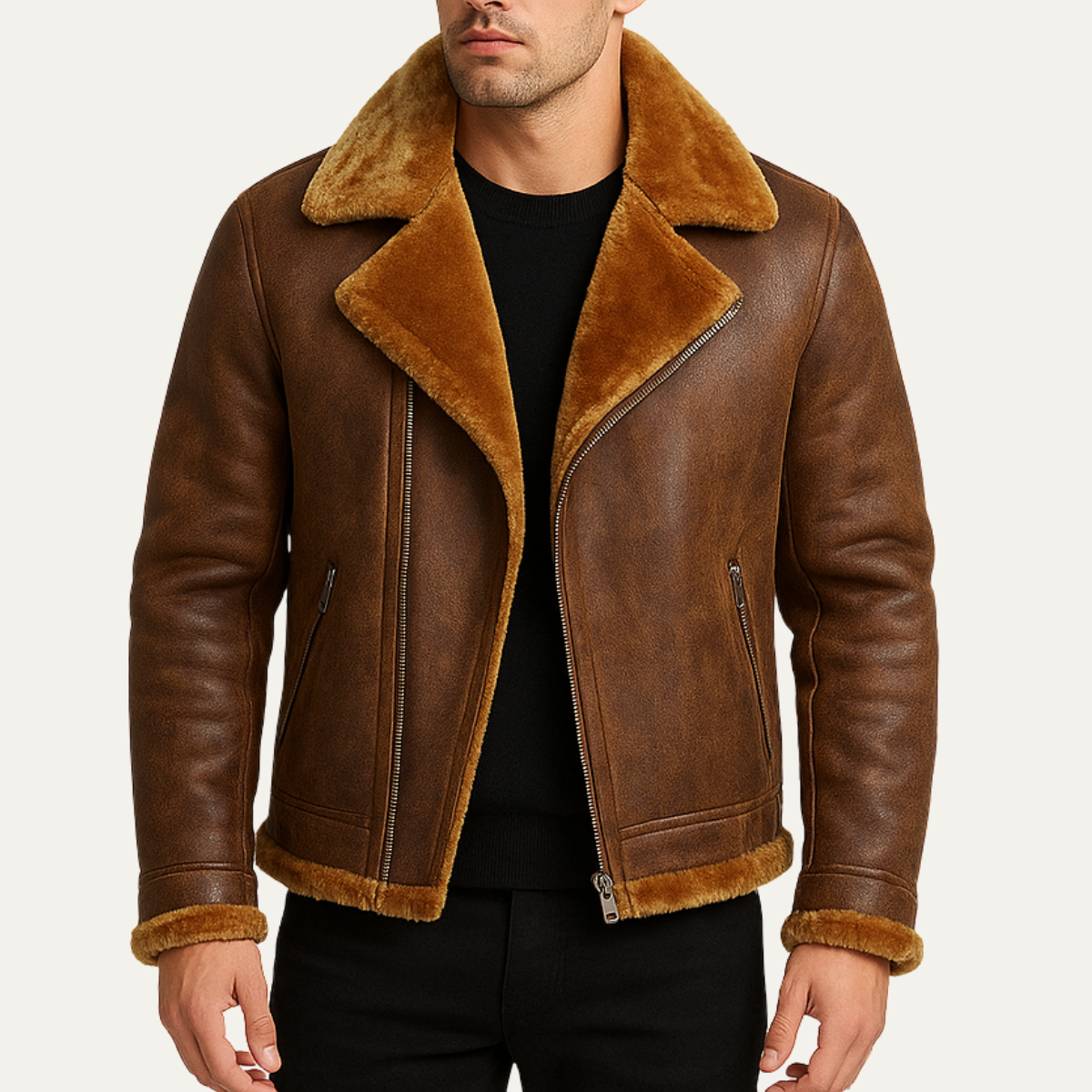 Men's Leather Aviator Jacket Winter Fleece Lining