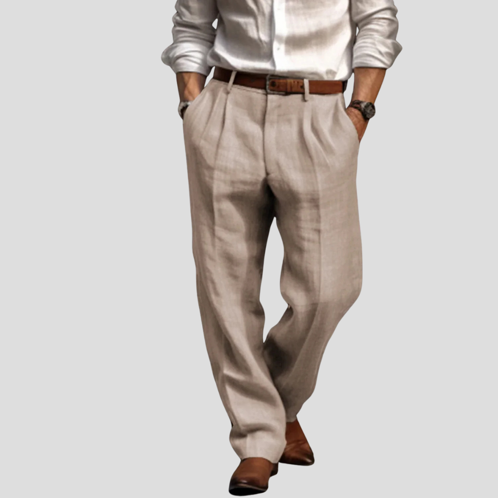 Men's Linen Pleated Trousers Casual Beige - Vonnera