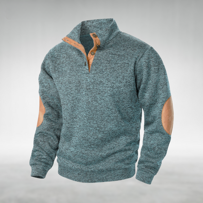 Men's Button Neck Sweatshirt Elbow Patch