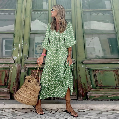 Women's V-Neck Printed Dress Flowy Design