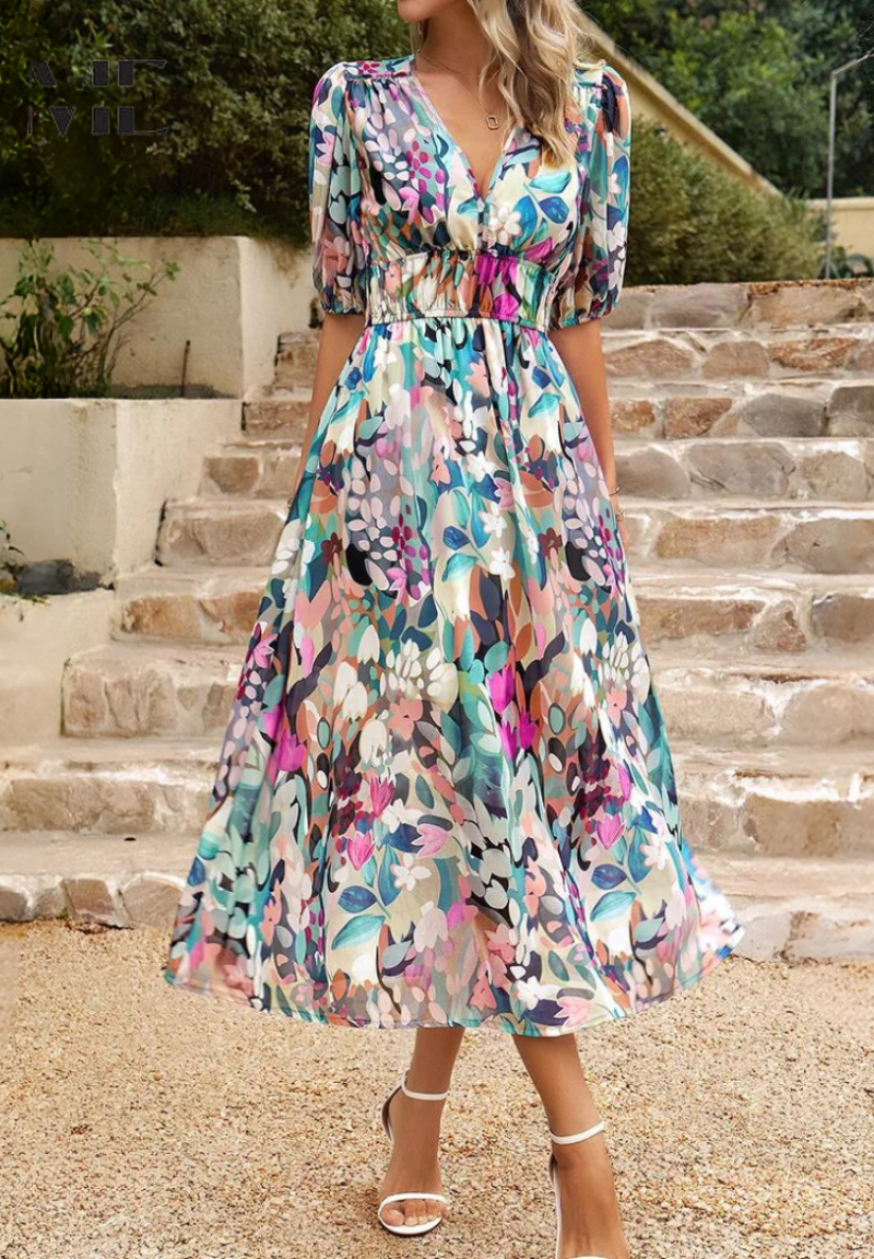 Women's Floral V-Neck Dress Short Sleeves