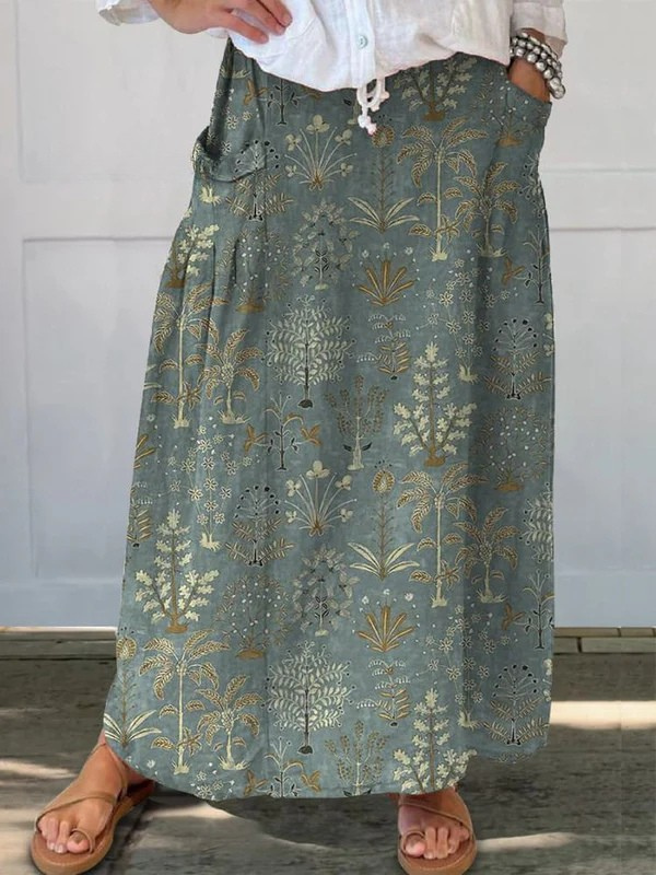 Women's Printed Pocket Skirt Elastic Waistband Woodland Pattern - Vonnera