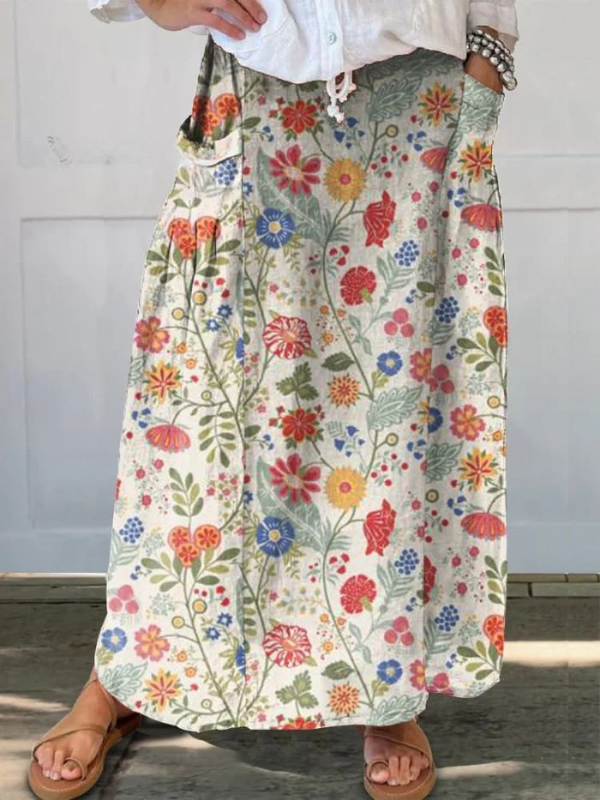 Women's Floral Print Skirt Elastic Waistband With Pocket - Vonnera