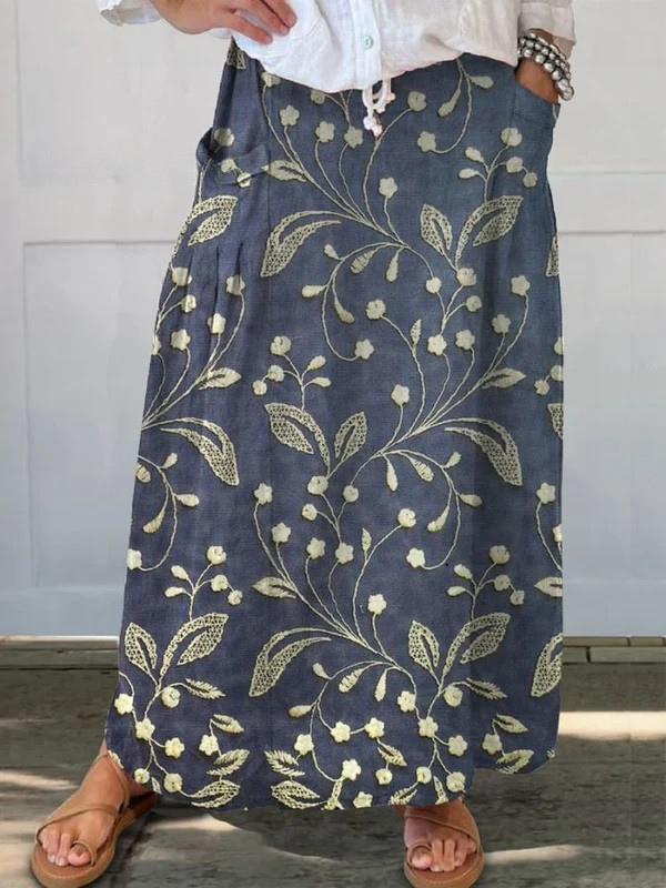 Women's Elastic Waist Skirt Floral Print With Pocket - Vonnera
