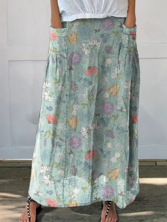 Daisy™ | Blooming Spring Floral And Bumble Bee Pattern Printed Pocket Skirt
