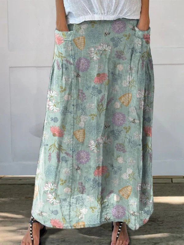 Women's Floral Pocket Skirt Printed Bumble Bee Design - Vonnera