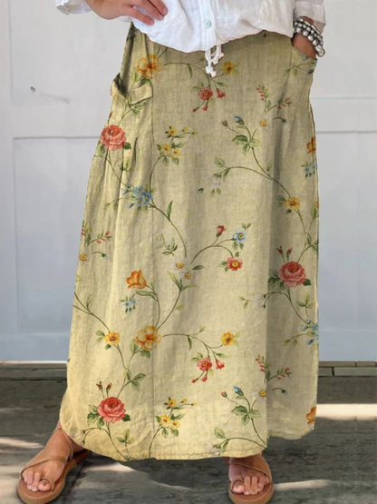 Elegant Floral Pocket Skirt Elastic Waistband - Vonnera