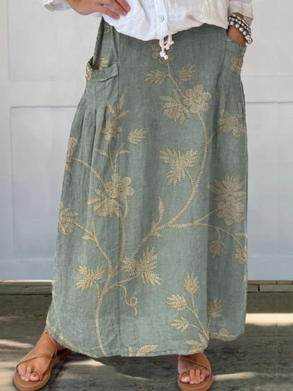 Elegant Floral Pocket Skirt Elastic Waistband