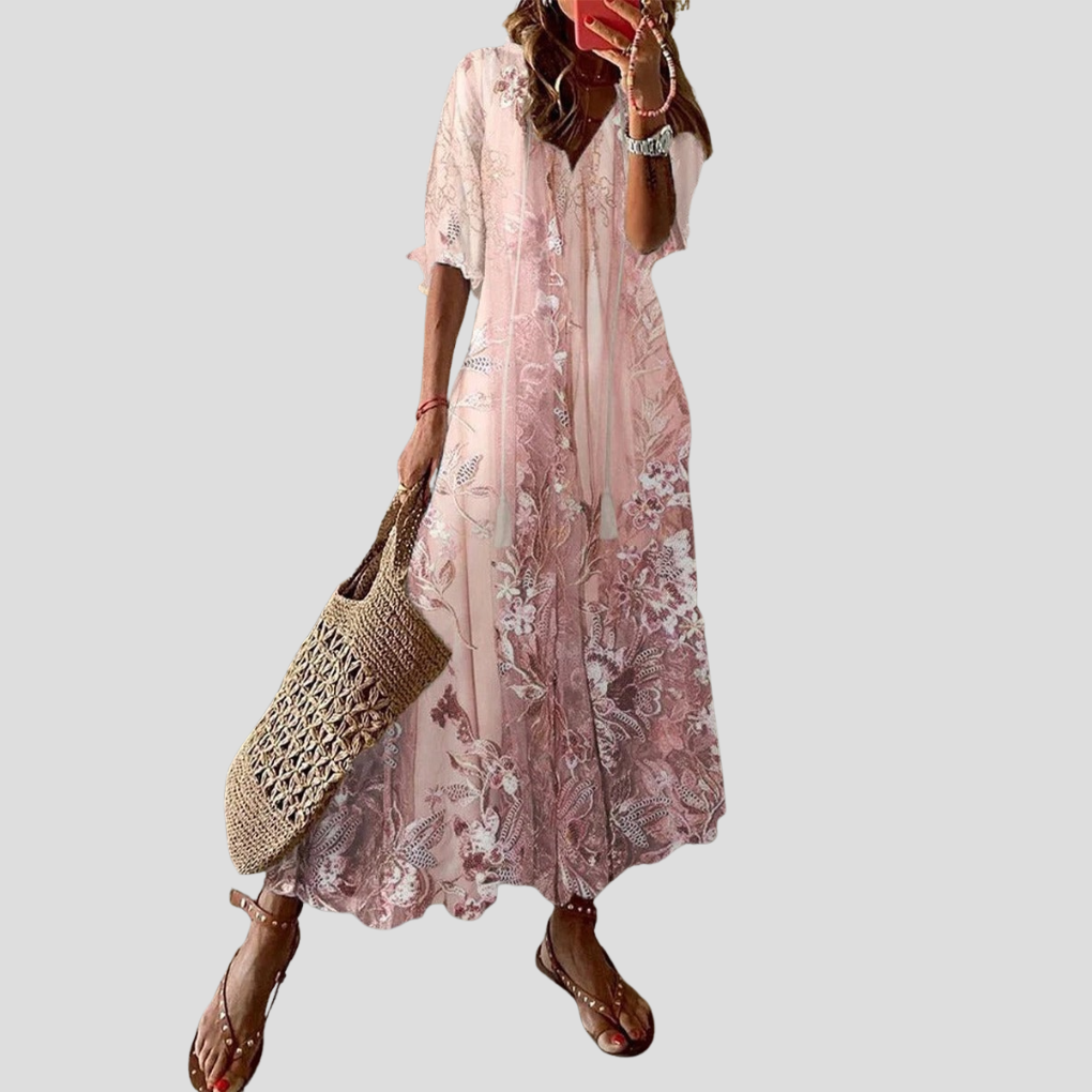Women's V-Neck Maxi Dress Floral Print Loose Fit - Vonnera