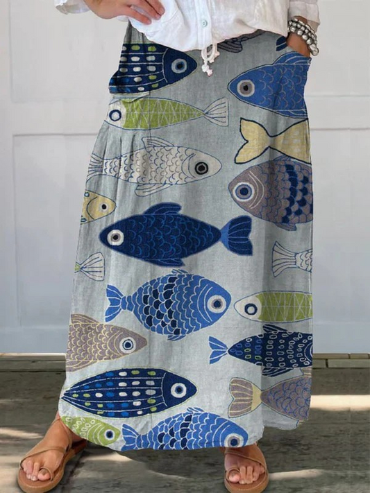 Women's Vintage Fish Art Print Pocket Skirt - Vonnera