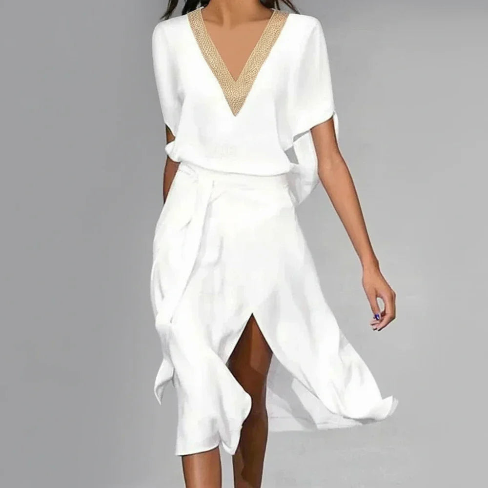 Women V Neck Midi Wrap Dress