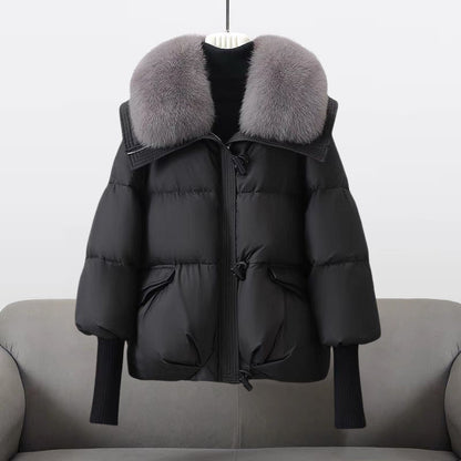 Women's Puffer Jacket Quilted Fur Collar Waterproof Black - Vonnera