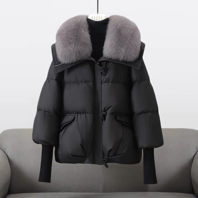 Women's Quilted Puffer Jacket Fur Collar Warm Black - Vonnera