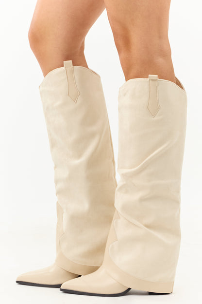 Women's Knee High Cowboy Boots Faux Suede Vanilla