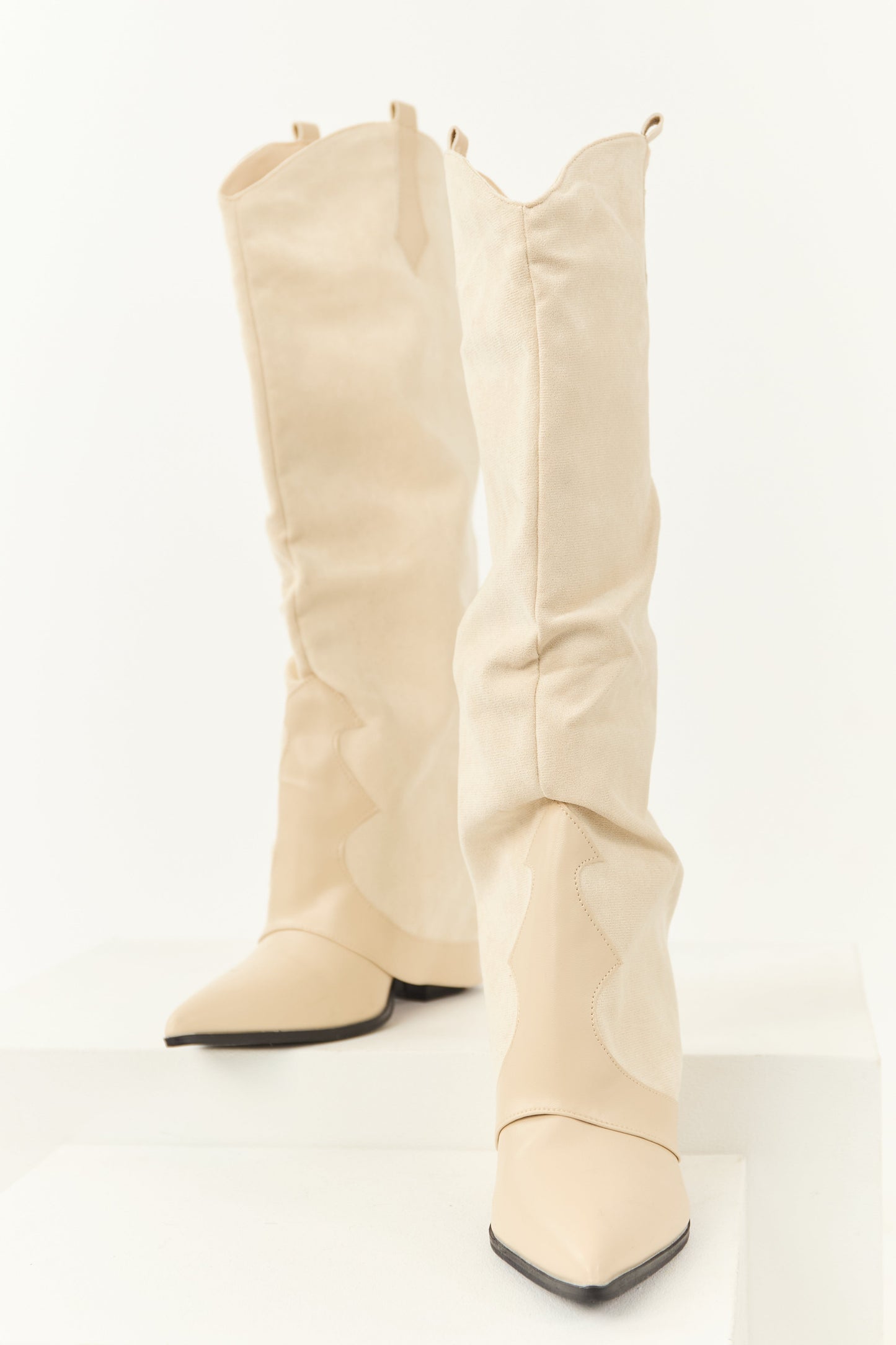 Women's Knee High Cowboy Boots Faux Suede Vanilla