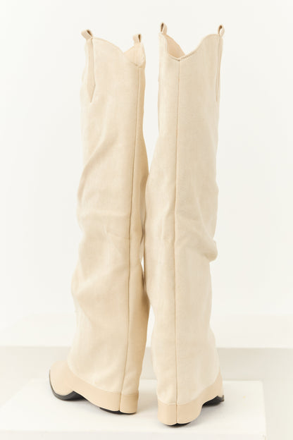 Women's Knee High Cowboy Boots Faux Suede Vanilla