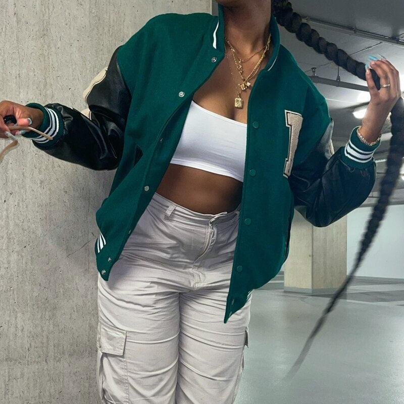 Women's Graphic Varsity Bomber Jacket Bone Sleeve Design