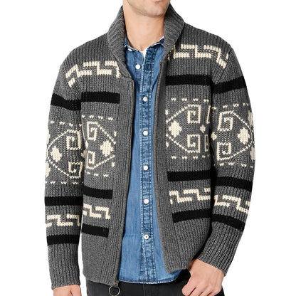 Men's Knit Cardigan Shawl Collar Zip-Up Tribal Pattern
